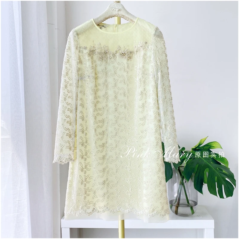 Pink Mary粉红玛琍鹅黄色圆领长袖连衣裙子女气质时尚PMAFS550732