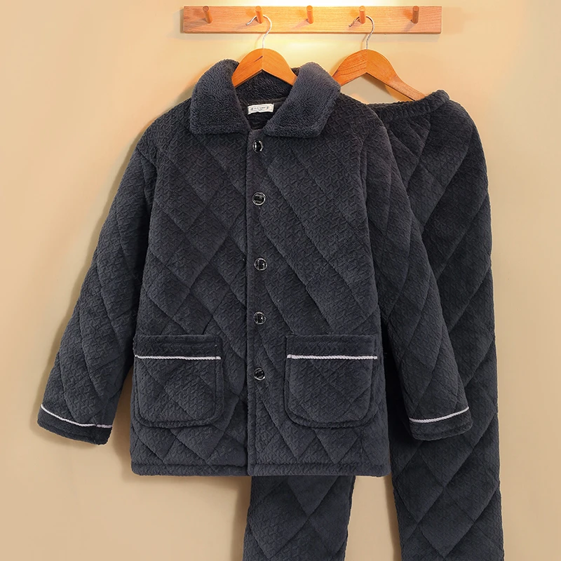 爸爸冬季睡衣男士三层夹棉袄中老年珊瑚绒保暖套装加厚冬款家居服