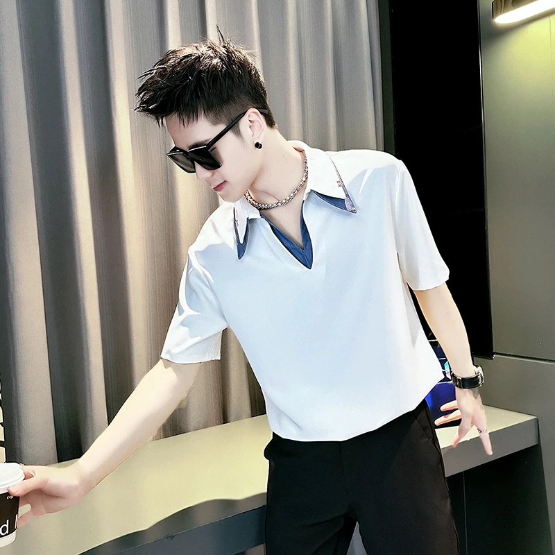 高级设计感V领衬衫男士短袖夏季2025新款潮牌假两件半袖男装衬衣