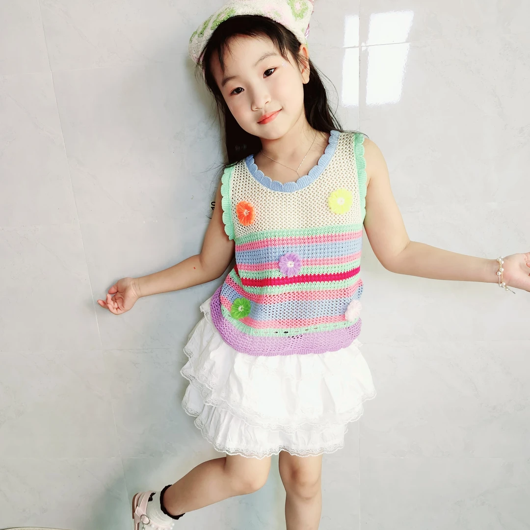 亲子装女童背心多巴胺针织衫上衣夏季新款女孩民族风马甲演出潮服