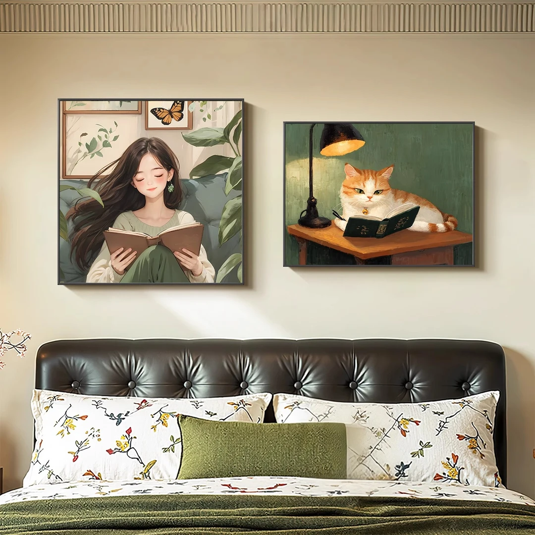 女孩中古风卧室床头装饰画绿色小众艺术房间挂画高级感墙壁画客厅