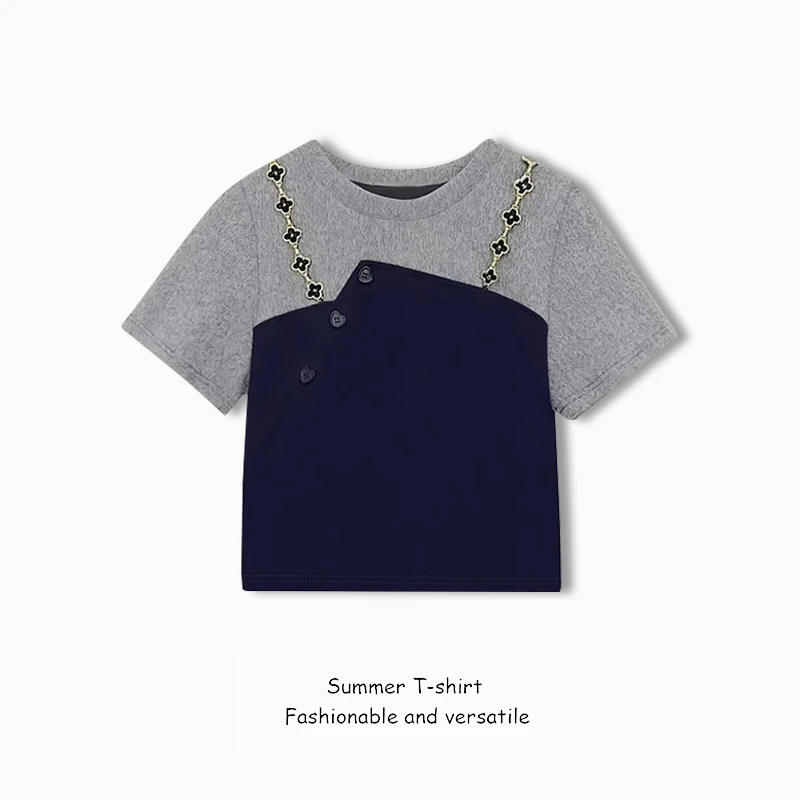 2025夏季时尚撞色假两件短袖T恤女设计感百搭洋气减龄显瘦上衣女