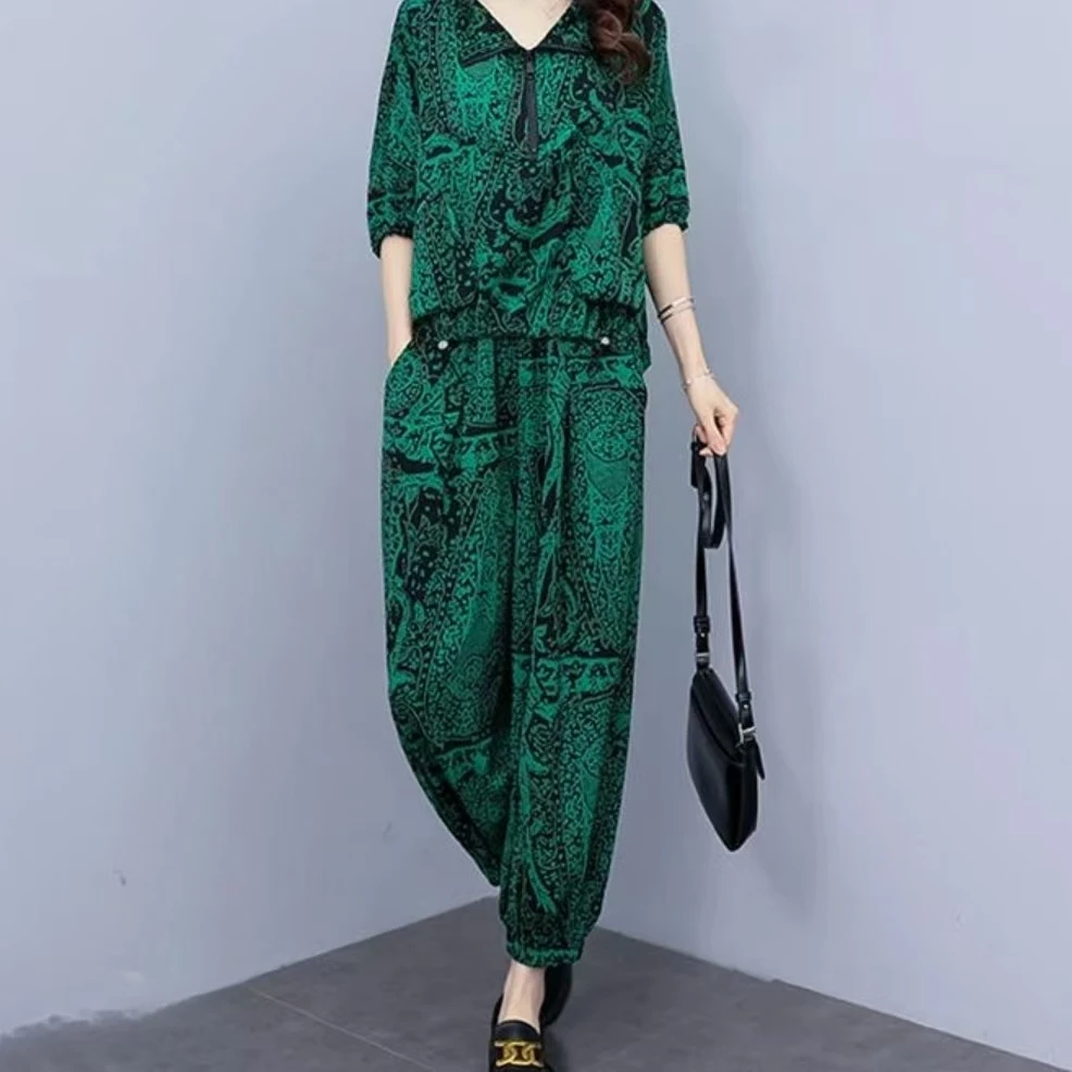 上衣+裤子两件套短袖时尚套装显瘦洋气气质休闲减龄宽松印花