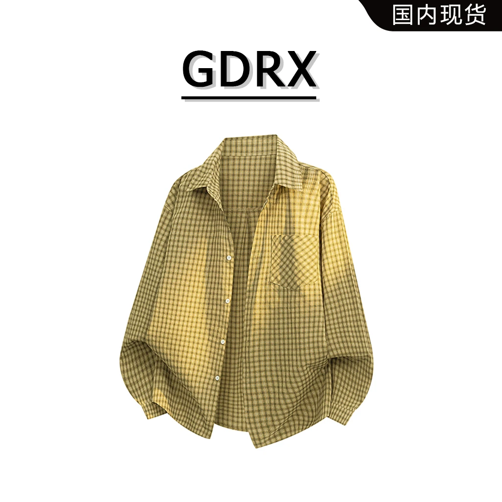 GDRX港风纯棉长袖男士格子衬衫2025秋季新款宽松翻领休闲衬衣外套