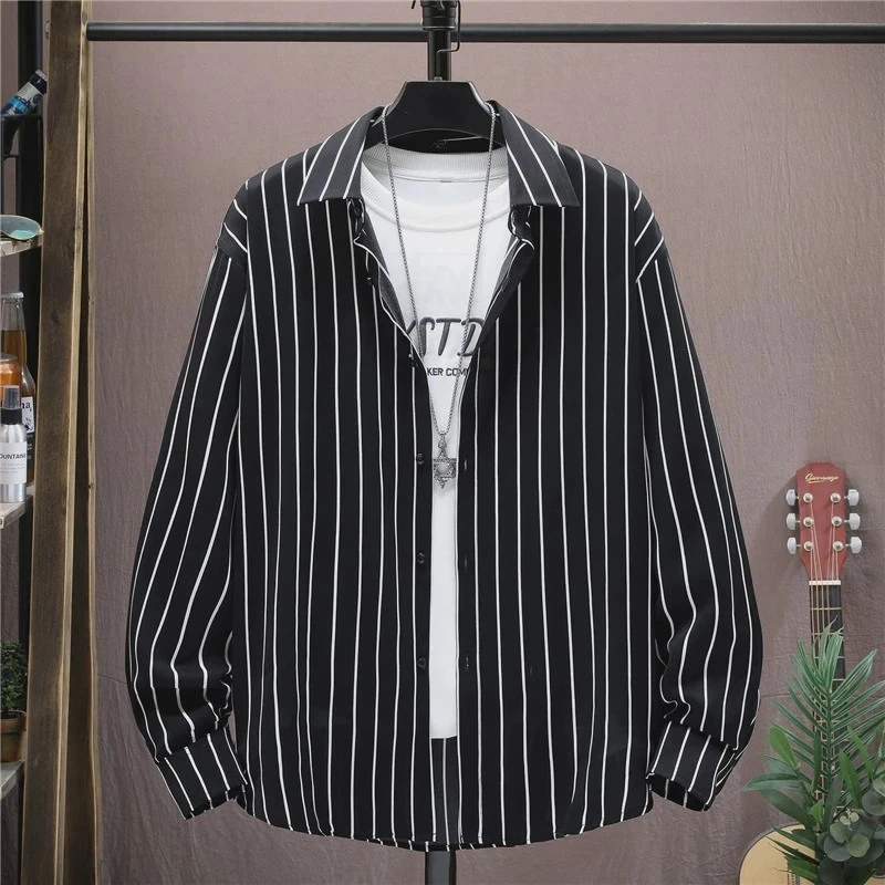 【长袖衬衫】新款冰丝面料黑白条纹宽松时尚潮流百搭薄款痞帅男衬衣