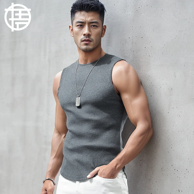 薄款螺纹背心男宽肩修身紧身健身弹力砍袖速干无袖T恤夏季坎肩.