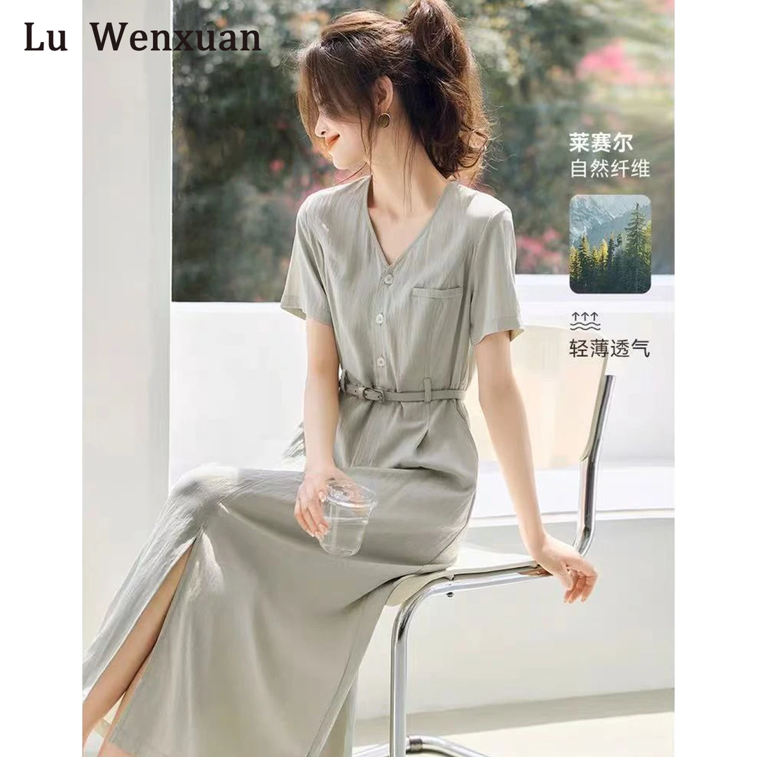 璐雯璇亚麻气质连衣裙女套装夏季2025新款V领显瘦短袖裙子配腰带