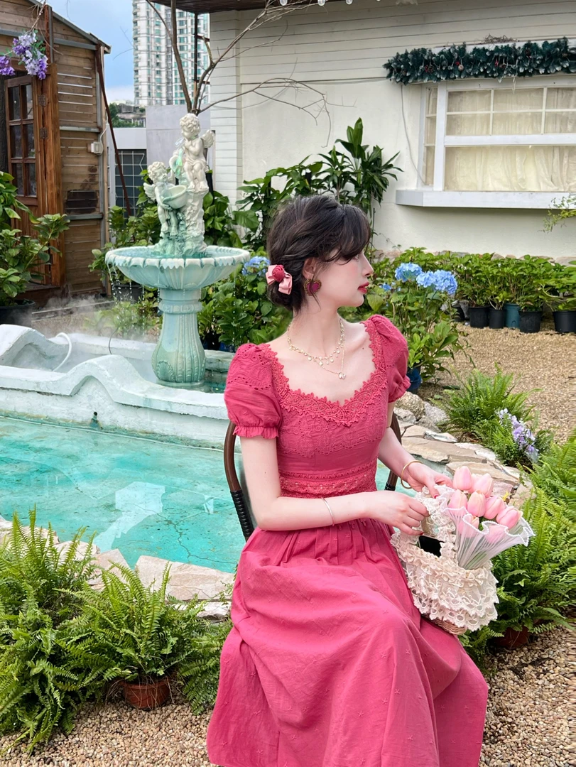 现货一生罗曼【树莓奶泡】茶歇法式设计感气质显瘦出游连衣裙L1461