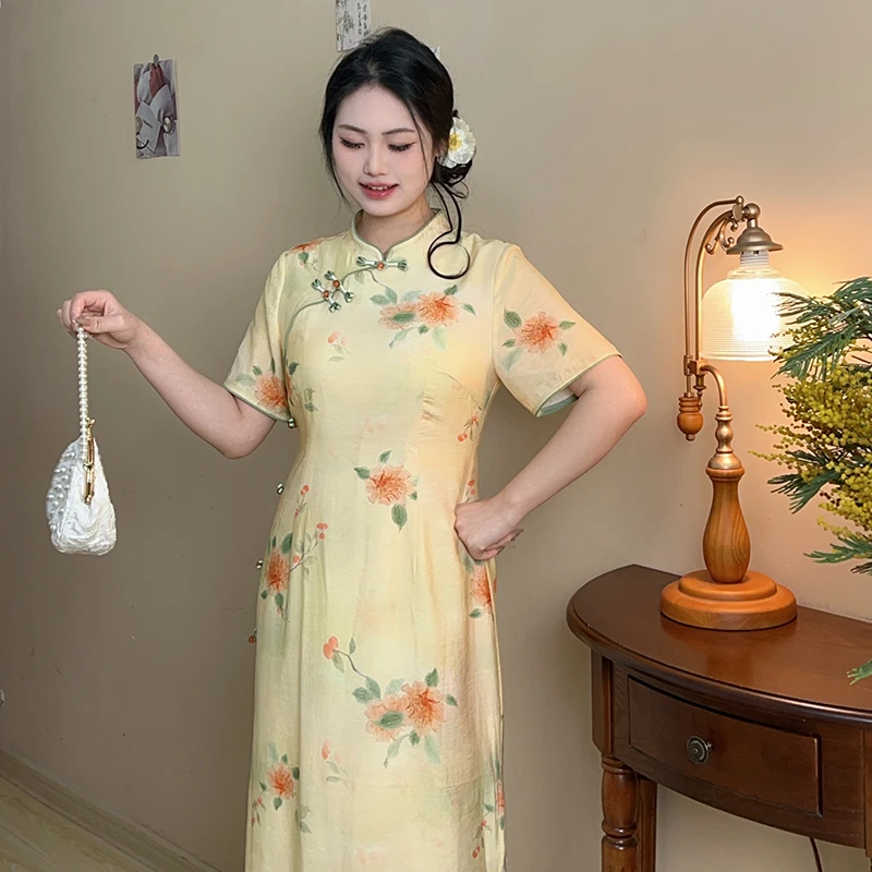 柚安【自制款】鹅黄色气质优雅印花年轻款旗袍大码新中式胖mm少女