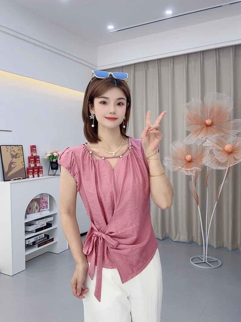 【萧萧】夏季新款常规款短袖系带飞飞袖衬衫时尚显瘦不规则上衣