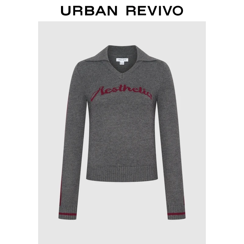 UR2025冬季新款女装休闲格雷系字母短款针织衫UYV950113