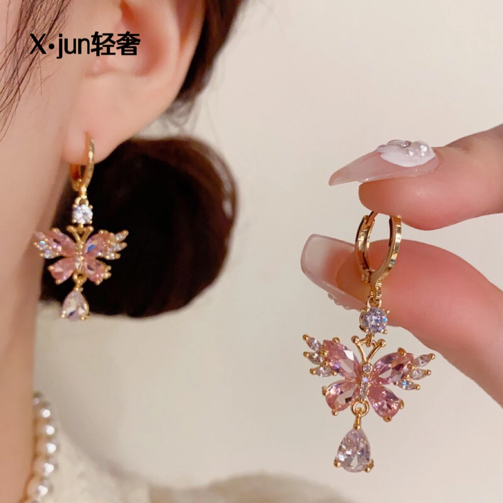 铜合金耳饰 春夏小清新粉色蝴蝶吊锆石水滴耳坠精致轻奢百搭耳扣