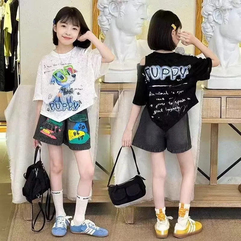 女童装夏季时髦洋气t套装中大儿童女孩露肩T恤时尚牛仔短裤两件套