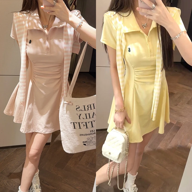 【mimius】婷婷 收腰polo领短袖连衣裙（含披肩可拆卸胸针） G05337