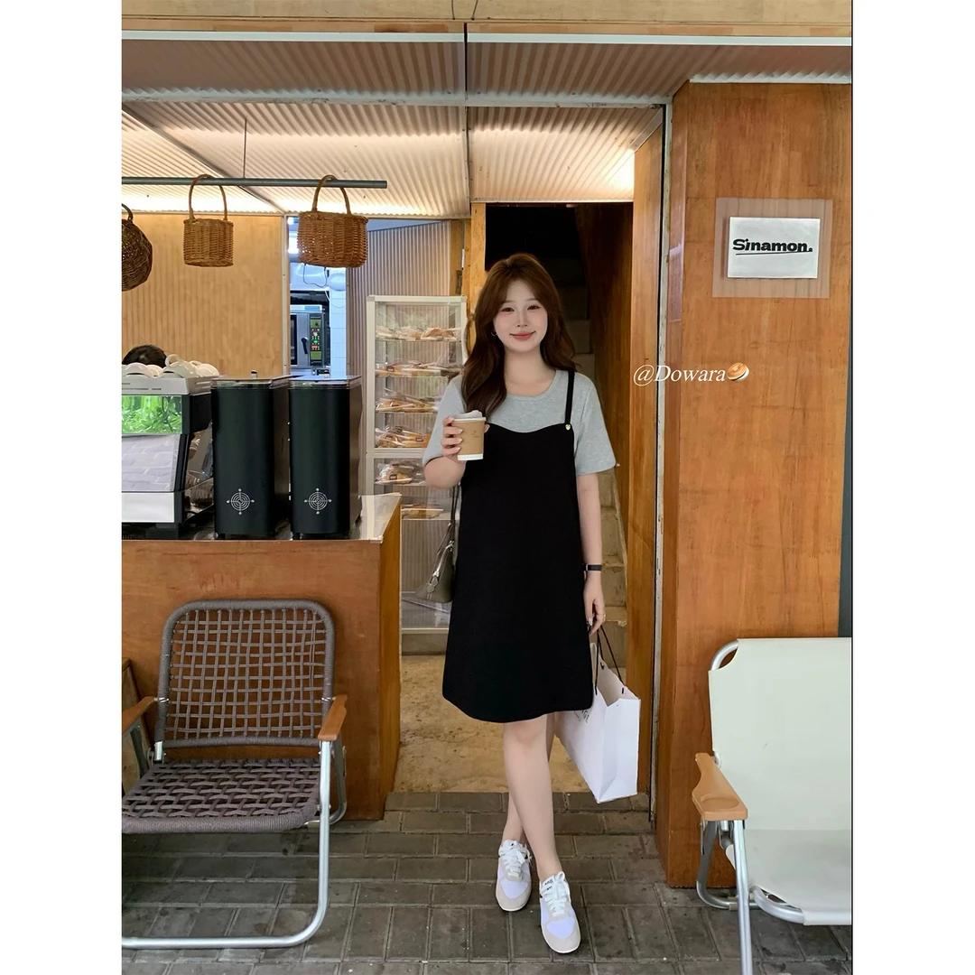 现货大婉酱微胖定制韩系设计感假两件短袖连衣裙夏季A字裙女7936D