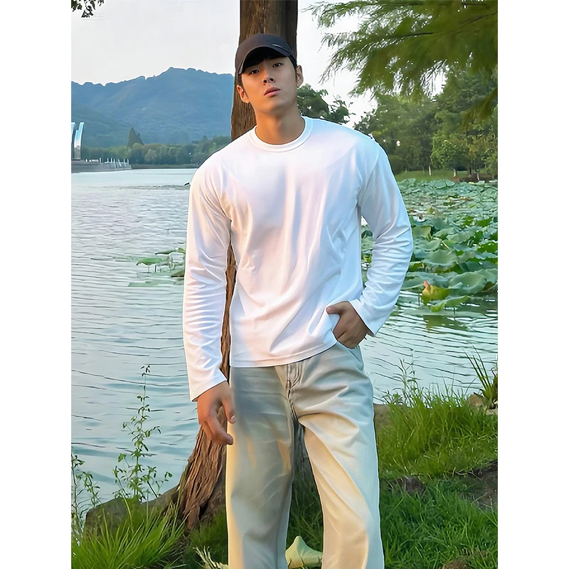 cleanfit白色长袖t恤男秋季正肩小领口薄卫衣美式修身内搭打底衫