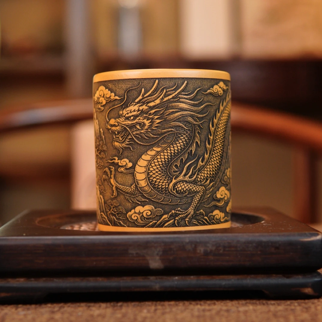 宜兴全手工紫砂茶具 原矿黄金朱泥泥料刻绘金龙献瑞主人杯品茗杯