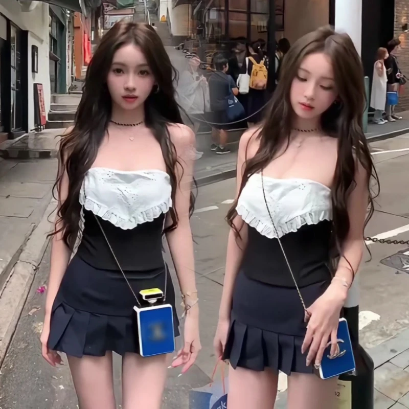 2025新款夏季高级感法式气质蕾丝拼接设计感鱼骨抹胸性感上衣女