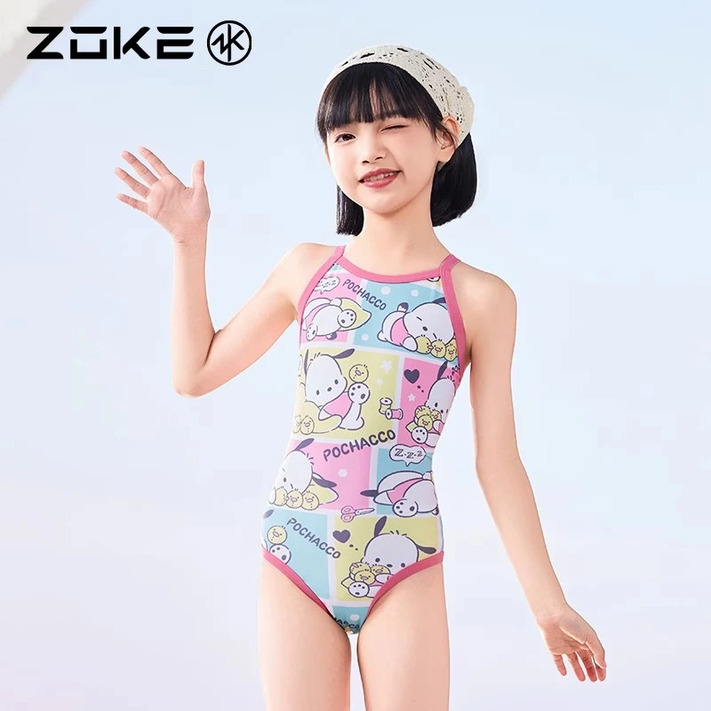 洲克儿童泳衣连体三角专业游泳训练zoke新款女孩比赛竞速帕恰狗