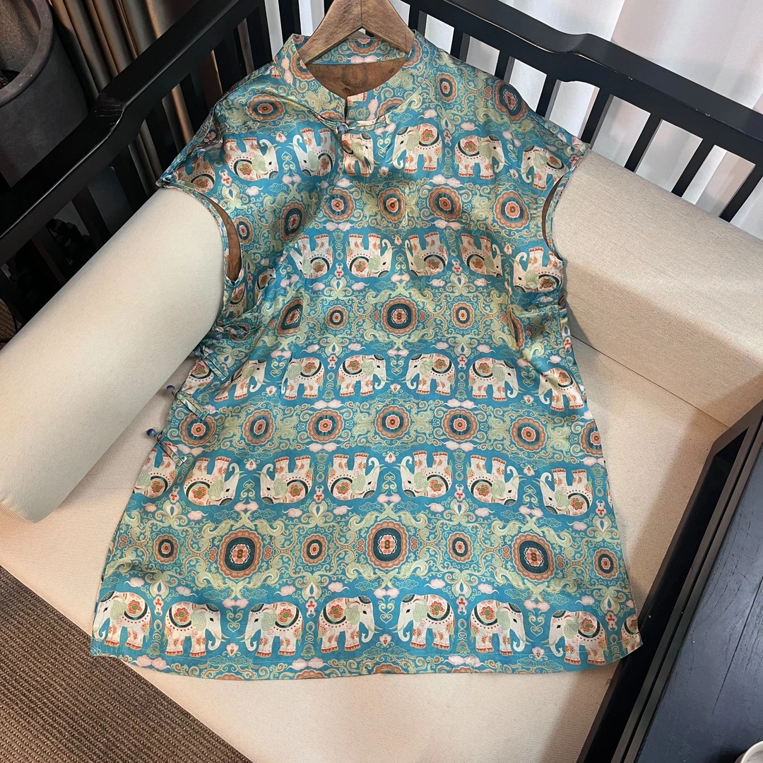 夏季新中式桑蚕丝中长款旗袍短袖时尚显瘦百搭中国风上衣女S197