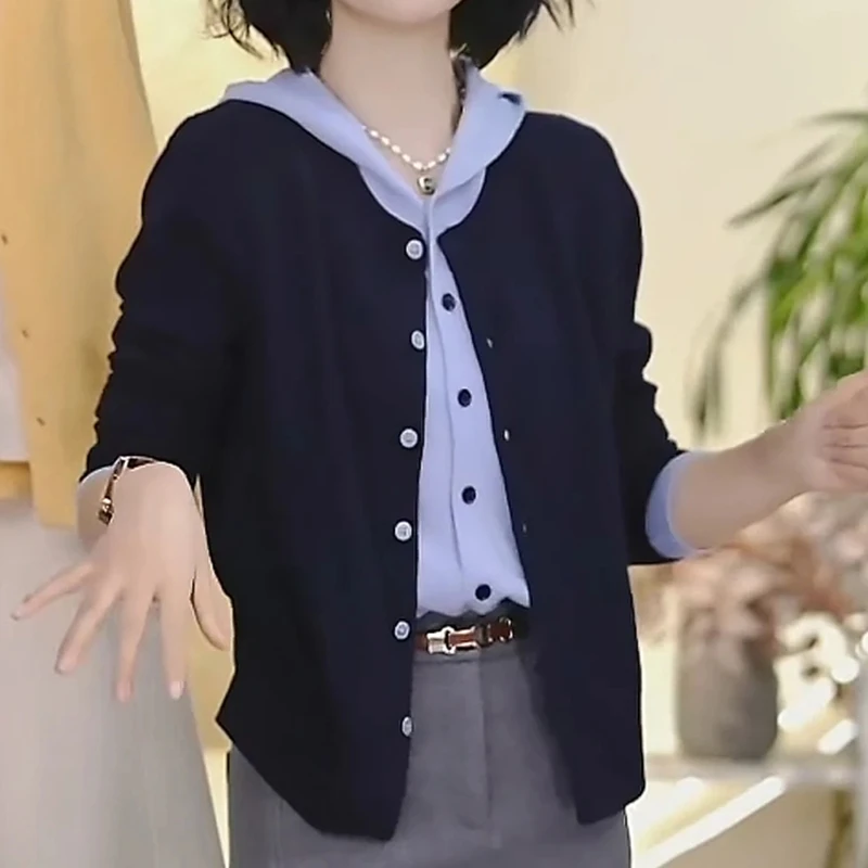 高级感时尚连帽针织衫女2025春秋季新款休闲洋气百搭假两件上衣潮