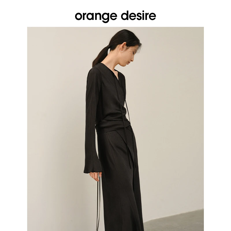 orange desire设计感V领收腰黑色连衣裙显瘦长裙OD2DSL0049