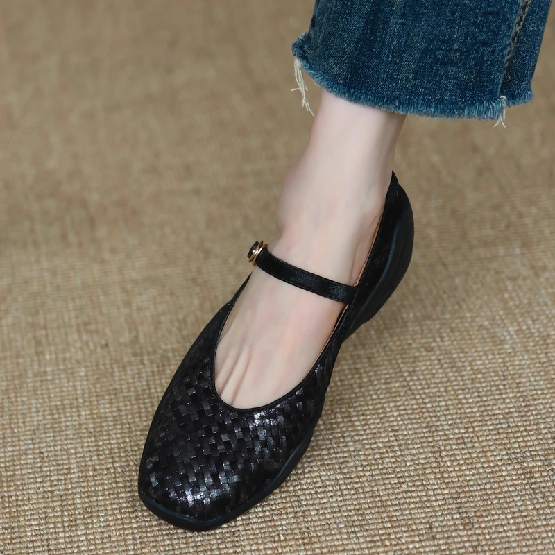 MENEER-M低跟方头编织坡跟单鞋女2025新款真皮一字扣带运动休闲鞋