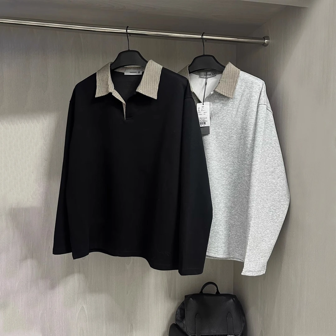 千鸟格质感长袖t恤男款秋万能穿搭polo领冬季男士纯色连帽卫衣