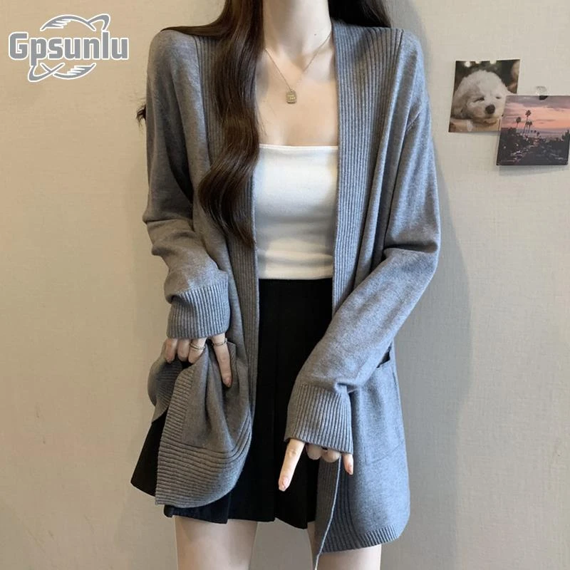 gpsunlu慵懒风灰色针织开衫外套女春秋款新款外搭披肩中长款上衣