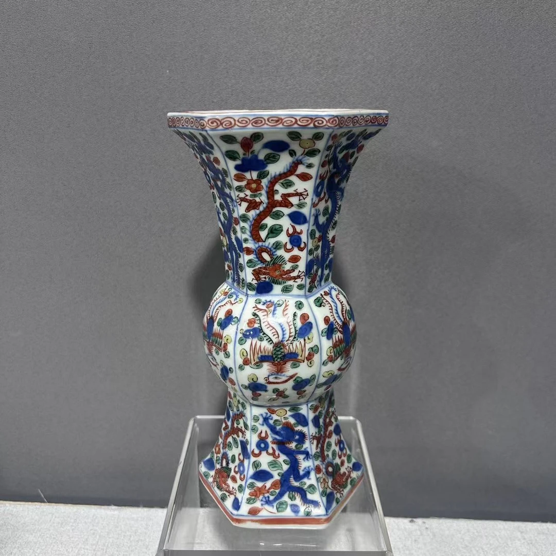 民国 青花五彩龙凤纹花觚（长10 宽9 高20.2）