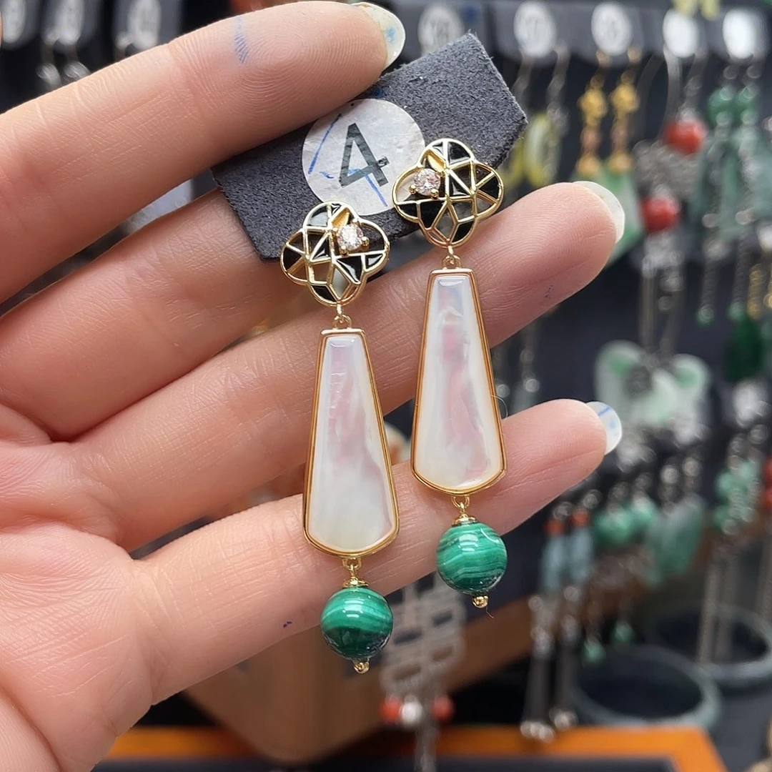 孔雀石耳饰银S925镶嵌天**勤348gjnhuuj