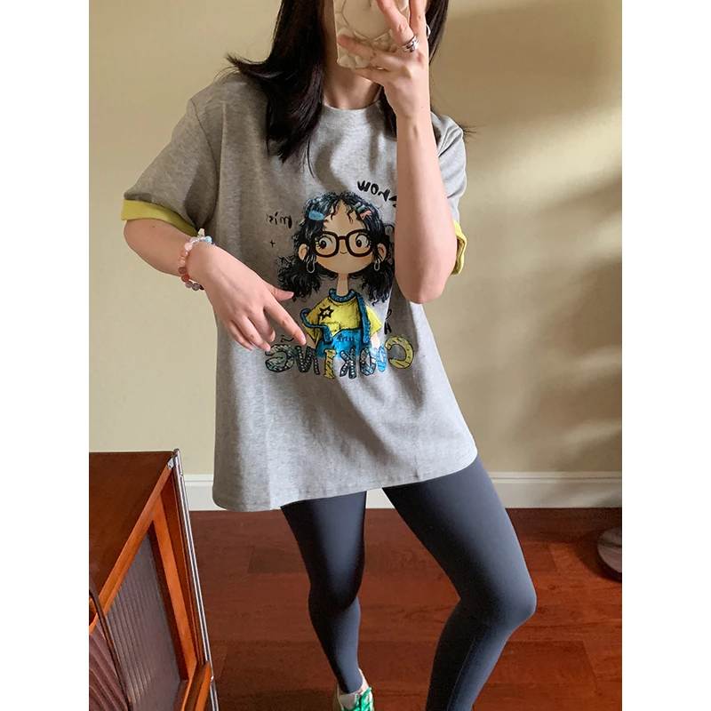 花总吖【时髦精】春夏新款卡通阿拉蕾撞色印花减龄T恤R425X03613