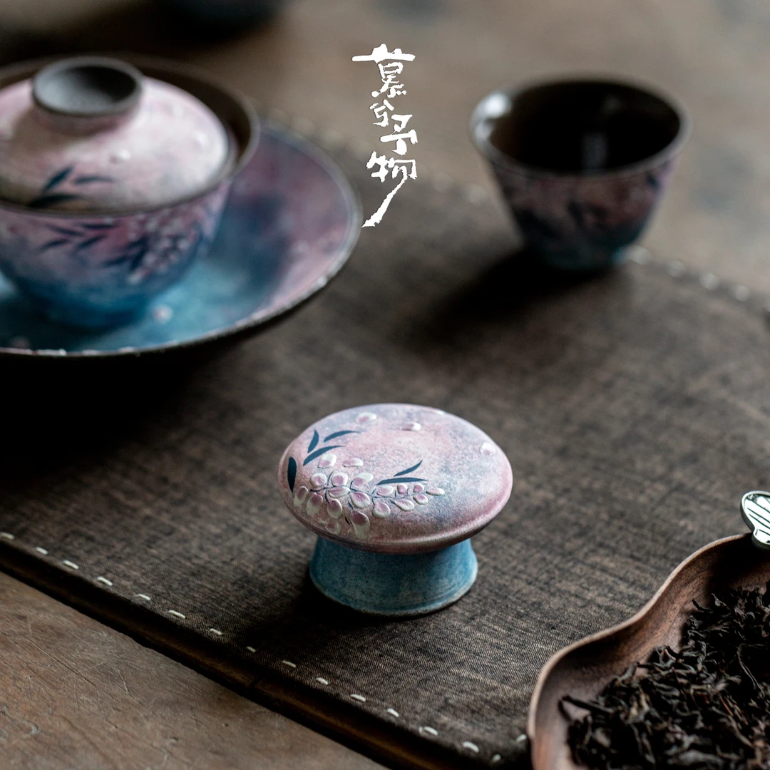 慕兮-渐变紫藤花粉引盖置黑陶泥陶瓷壶盖置茶桌装饰摆件手绘茶宠