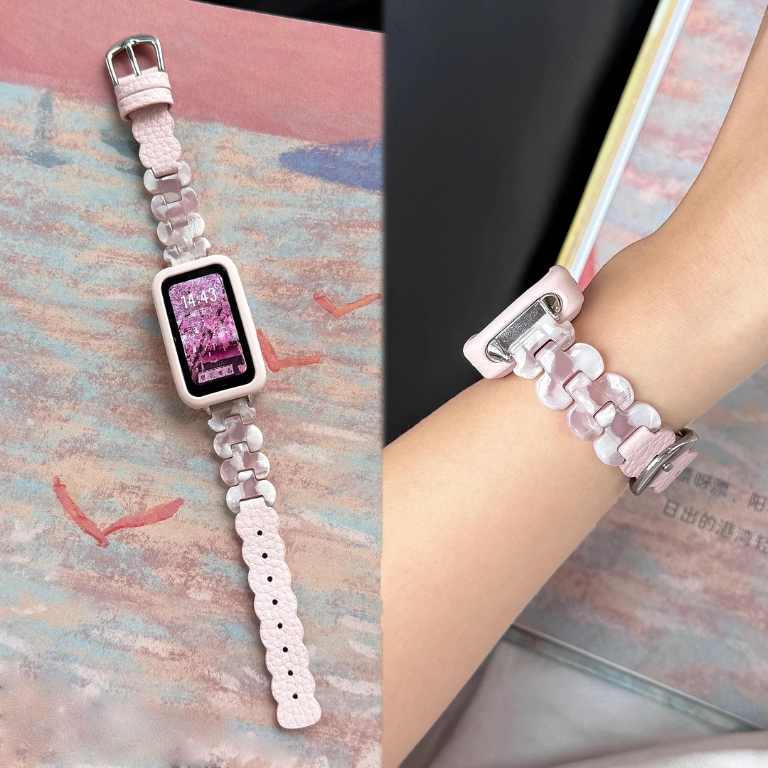 适用于华为手环表带band10/9/8树脂拼接荔枝纹荣耀10/9腕带高级感