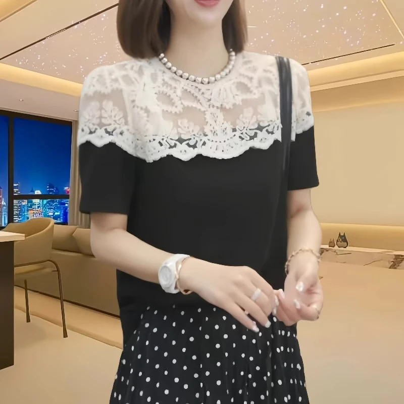 韩系蕾丝拼接上衣女春季新款洋气撞色短袖t恤收腰显瘦时髦打底衫