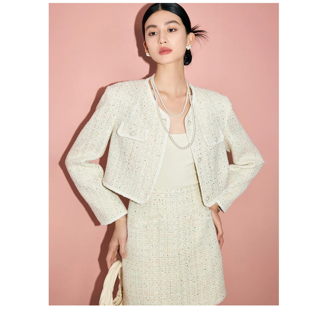 MandyZhang高定微闪白色小香风外套女秋短款粗花呢气质显瘦上衣