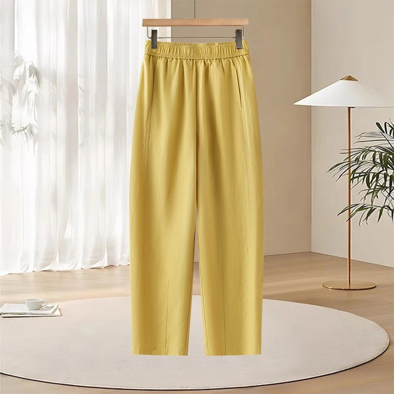 天丝亚麻松紧腰弯刀裤女2025夏季新款高腰显瘦垂感宽松休闲八分裤