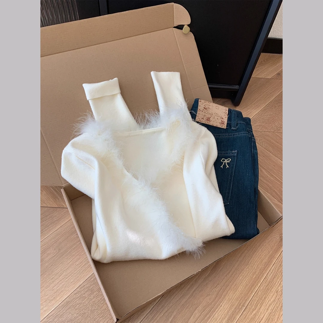 2025设计感白色小香风不规则针织打底衫女秋内搭可外穿高级上衣