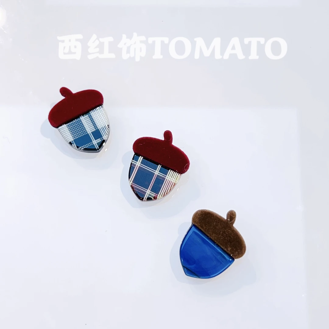 西红饰TOMATO韩国东大门百搭醋酸格子丝绒松果侧边鸭嘴夹