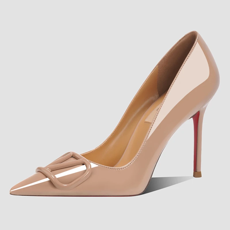 红底V扣单鞋~新款尖头浅口细高跟不累脚女鞋时尚百搭气质高跟鞋