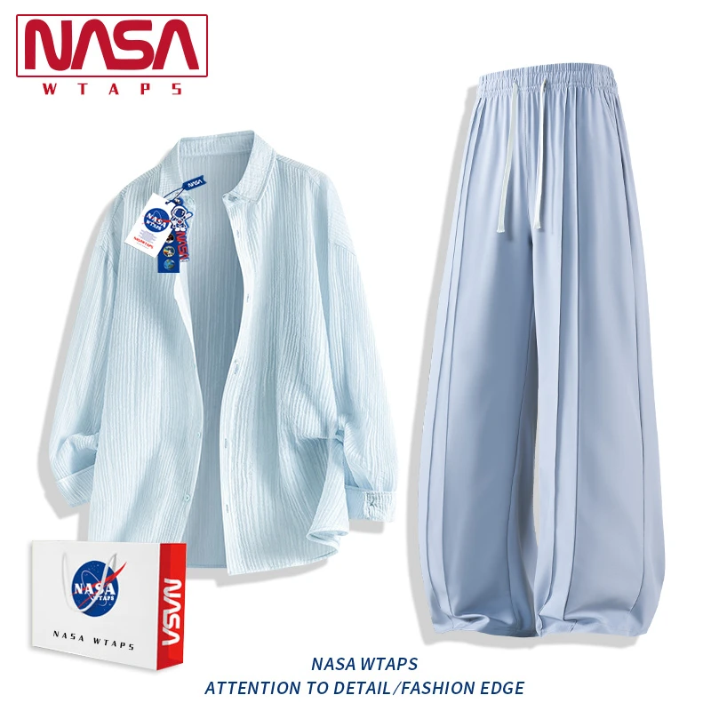 NASA WTAPS长袖衬衫套装男款夏春秋季休闲服垂感直筒长裤子两件套
