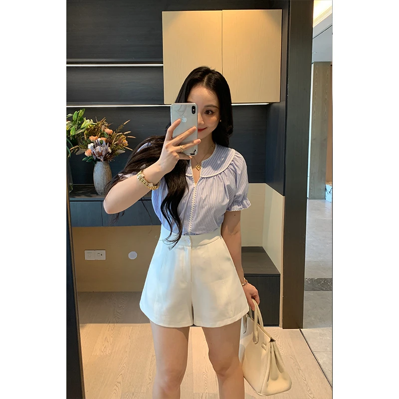 XINYI【慵懒法式】夏季棉感条纹衬衫女收腰显瘦百搭X625C10455
