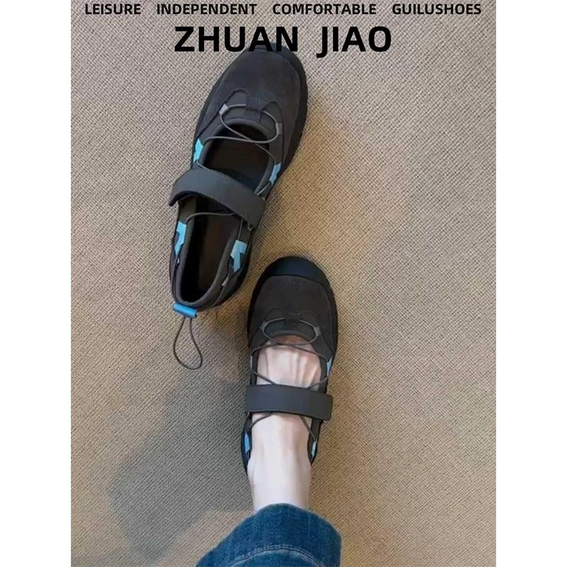 羊皮版~韩版小众设计感芭蕾舞运动鞋女2025年新款魔术贴玛丽珍鞋