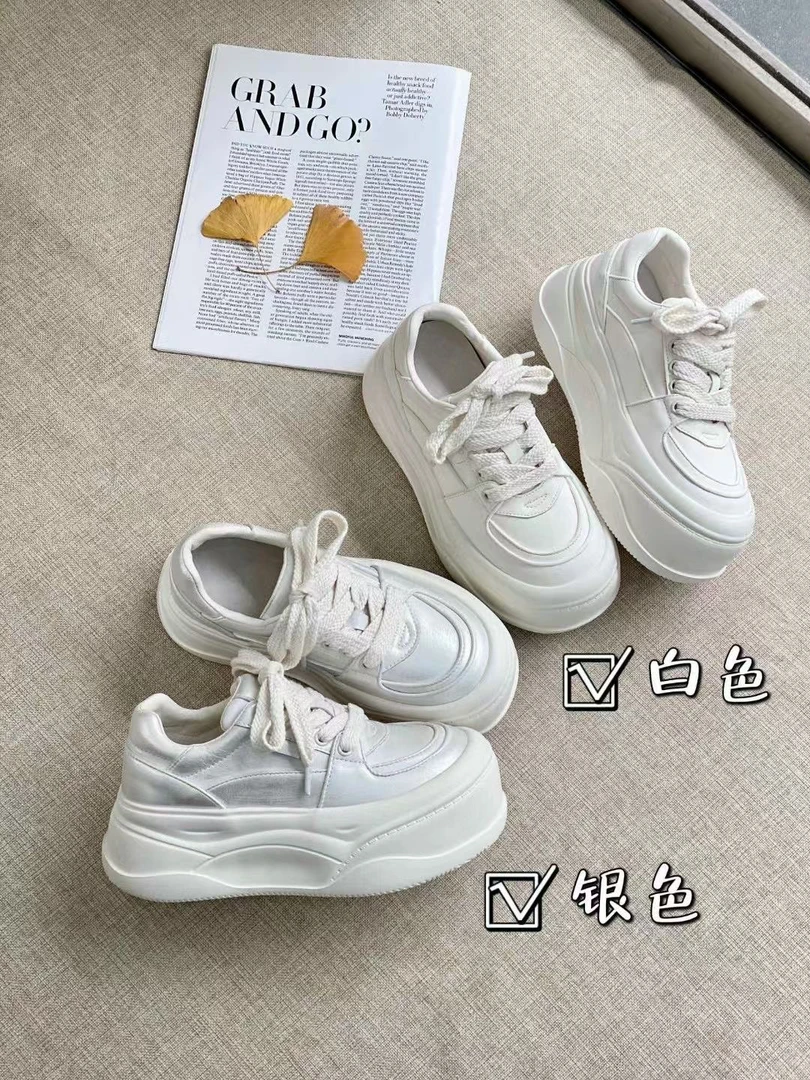 欧货2025春款大头珠光面包鞋女厚底增高轻便小白鞋百搭胖丁休闲鞋