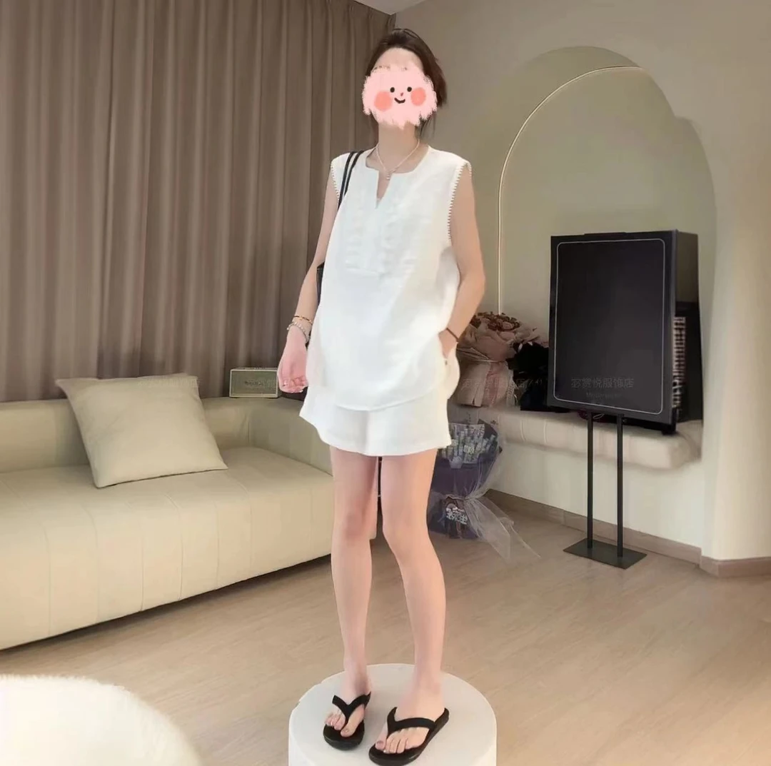 “LSNN!【衣橱漫步】棉麻韩系休闲显瘦宽松时尚设计感无袖两件套-629