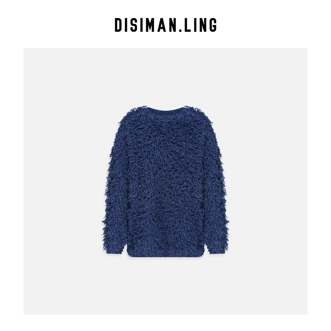 迪丝嫚苓蓝色毛衣气质针织轻奢时尚圆领秋冬套头原创设计小众优雅