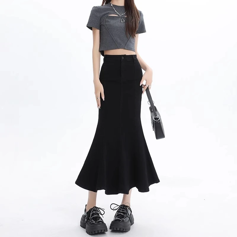 黑色高腰牛仔鱼尾裙女2024春秋新款显瘦修身包臀性感中长款半身裙
