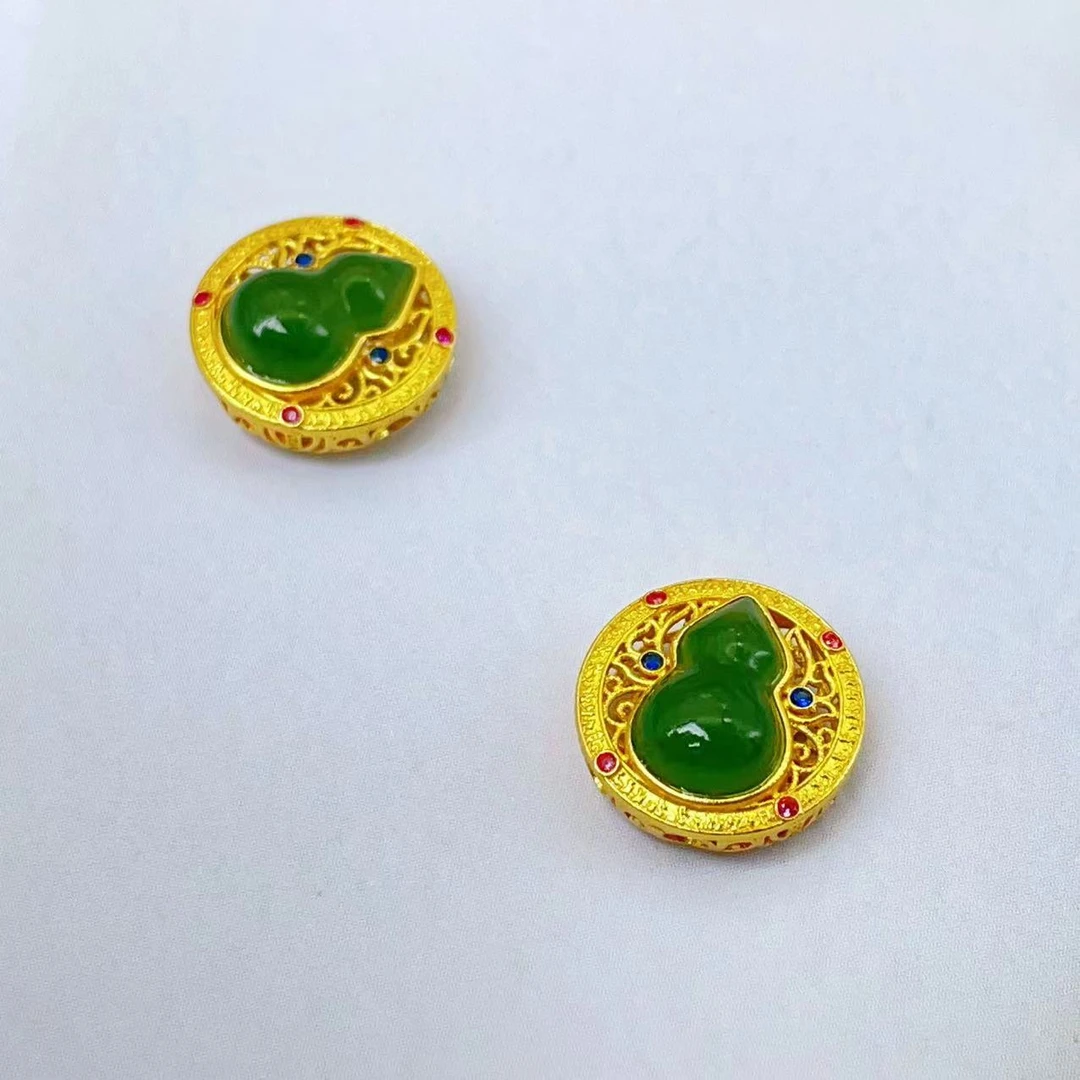 【萌宝饰品】B550天然和田玉碧玉葫芦圆形手串DIY古法镶嵌12*6.6mm