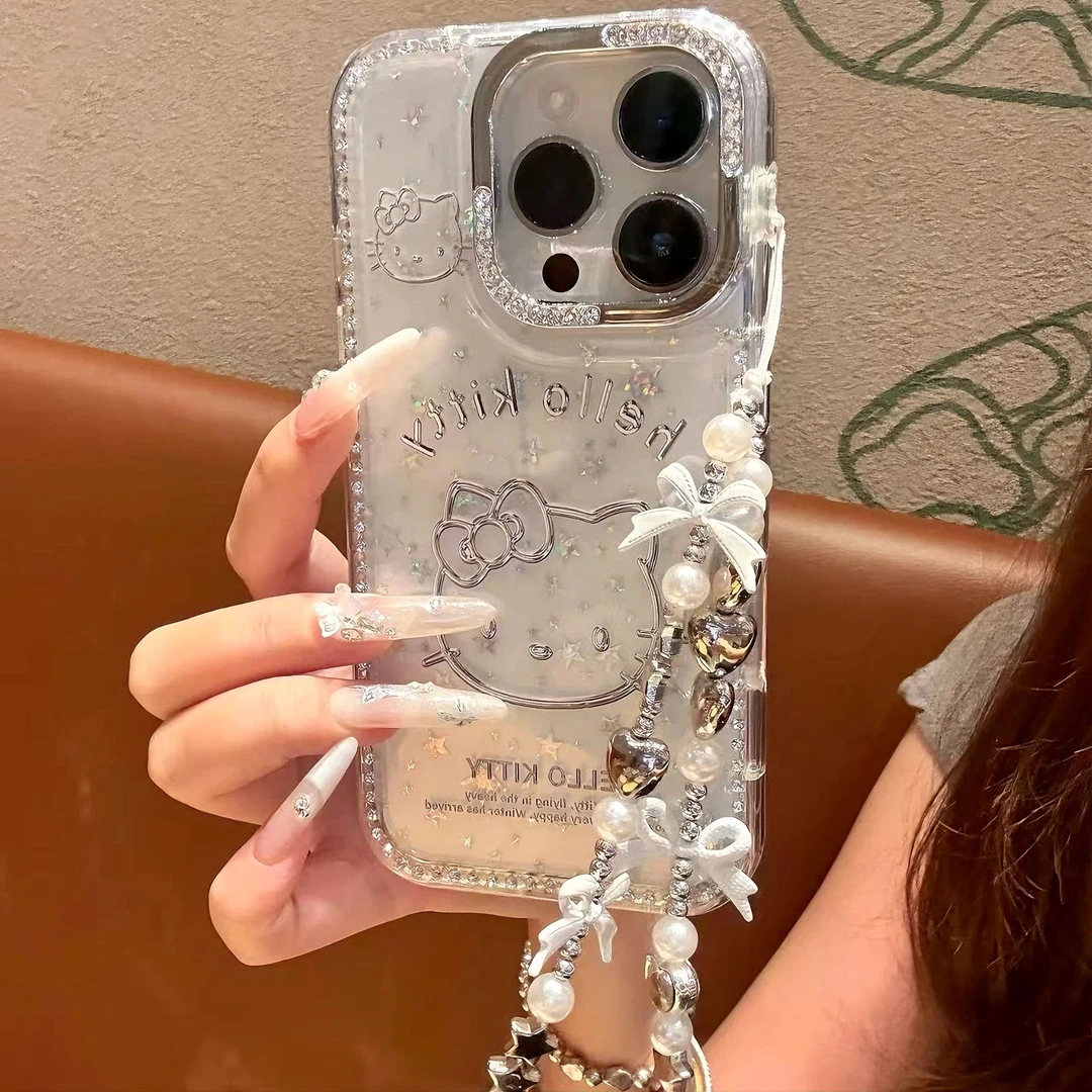 ins简约银线条KT猫适用苹果15手机壳iPhone13/16promax闪钻14女12