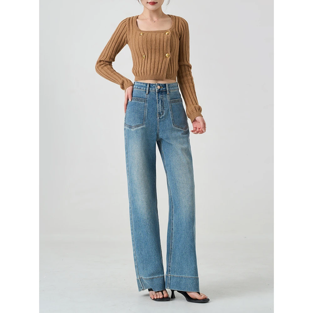 小个子阔腿牛仔裤阔腿裤女款爆款高腰宽松蓝色牛仔裤阔腿裤显瘦